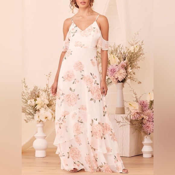 Lulu’s Take You There Ivory Peach Roses Chiffon Ruffle Cold Shoulder Floral Maxi - Picture 6 of 12